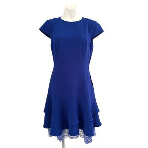 Eliza J NWT $138 Crepe Ruffle Lace Hem Sheath Dress, Blue Women's Size 10